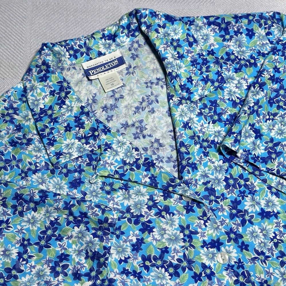 Vintage Pendleton‎ Blue Floral Rayon Hawaiian Camp Button Shirt Women's Size 10